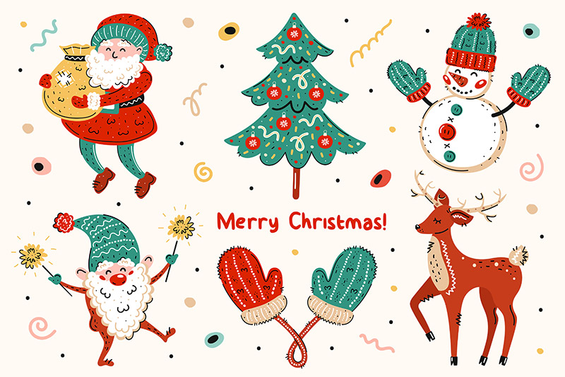 Santa Claus, christmas tree, snowman, elf, mittens, deer set