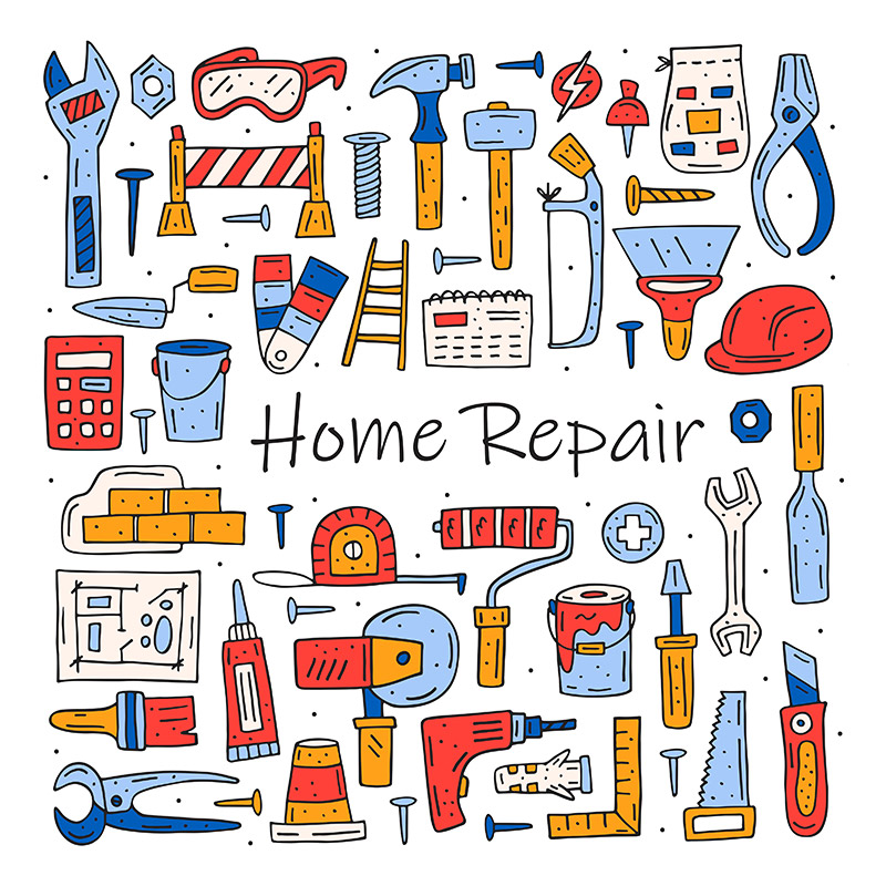 Colorful home repair tools hand drawn doodle set