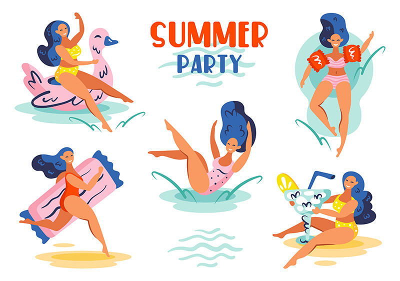 Set of young smiling girls with blue hair in swimsuits