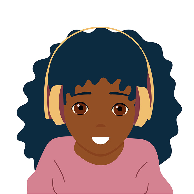 A young girl listens to music in headphones